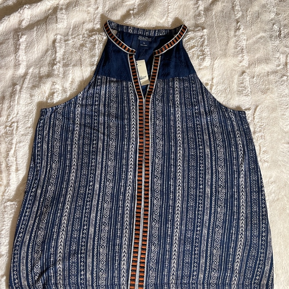 NWT Lucky Brand Navy Sleeveless Embroidered Aztec Striped Tank Top Women’s XL